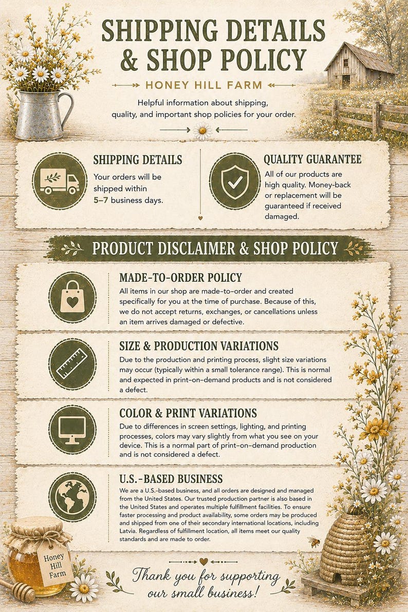 The image is a shipping details and shop policy document for Honey Hill Farm, providing information about their policies for customers.
