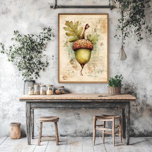 Vintage ekollon botanisk väggkonst, rustik natur inramad canvas, nyckfullt hösttryck av ek, skogsdekor, mysigt lantlig konstverk bild 3