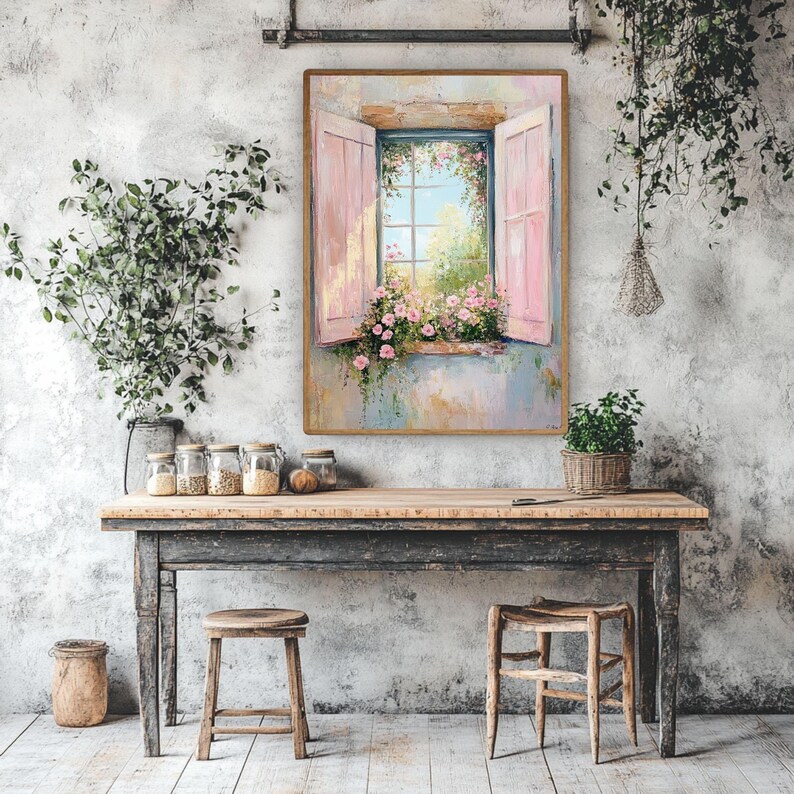 Cottage Window with Pink Shutters Wooden Canvas Wall Art, Romantic Floral Garden View, French Country Pastel Painting Print immagine 6