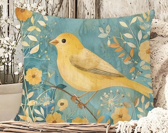Cojín decorativo con pájaro amarillo de primavera, cojín estilo granja, funda de cojín botánica, cojín tejido, funda de cojín boho con pájaro, decoración campestre natural