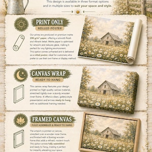 The image is an advertisement for honey hill farm's product options, showcasing different ways to display the farm's artwork. It includes images of a rolled poster, a canvas wrap, and a framed canvas, along with descriptions of each option.