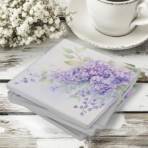 Set of 4 Lilac Flower Coasters, Purple Floral Coaster Set, Cottagecore Spring Decor, Botanical Drink Coasters, Gift For Garden Lovers