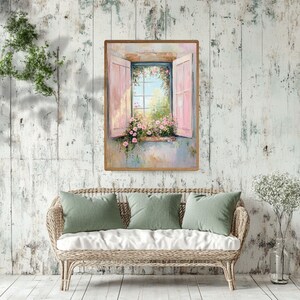 Cottage Window with Pink Shutters Wooden Canvas Wall Art, Romantic Floral Garden View, French Country Pastel Painting Print immagine 2