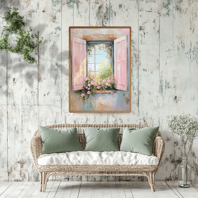 Cottage Window with Pink Shutters Wooden Canvas Wall Art, Romantic Floral Garden View, French Country Pastel Painting Print immagine 2