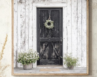 Arte de parede para porta de fazenda, tela rústica emoldurada em preto e branco, impressão vintage para porta de entrada, decoração botânica com plantas em vasos, detalhe para casa de campo