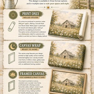 The image is an advertisement for honey hill farm's product options, showcasing different ways to display the farm's artwork. It includes images of a rolled poster, a canvas wrap, and a framed canvas, along with descriptions of each option.