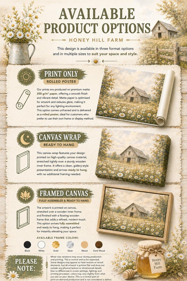 The image is an advertisement for honey hill farm's product options, showcasing different ways to display the farm's artwork. It includes images of a rolled poster, a canvas wrap, and a framed canvas, along with descriptions of each option.