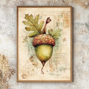 Vintage ekollon botanisk väggkonst, rustik natur inramad canvas, nyckfullt hösttryck av ek, skogsdekor, mysigt lantlig konstverk bild 1