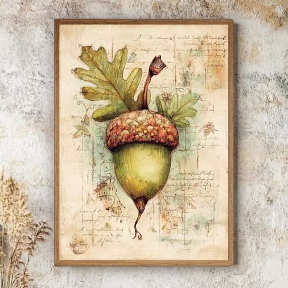 Vintage Acorn Botanical Wall Art, Rustic Nature Framed Canvas, Whimsical Autumn Oak Print, Woodland Decor, Cozy Country Artwork