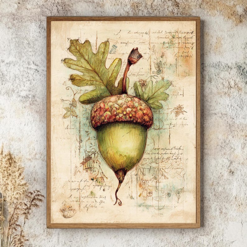 Vintage ekollon botanisk väggkonst, rustik natur inramad canvas, nyckfullt hösttryck av ek, skogsdekor, mysigt lantlig konstverk bild 1
