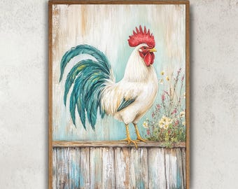 Rooster Wall Art, Country Chicken Framed Canvas Print, Farm Animal Kitchen Decor, Vintage Farmhouse Wall Decor, Rustic Country Artwork