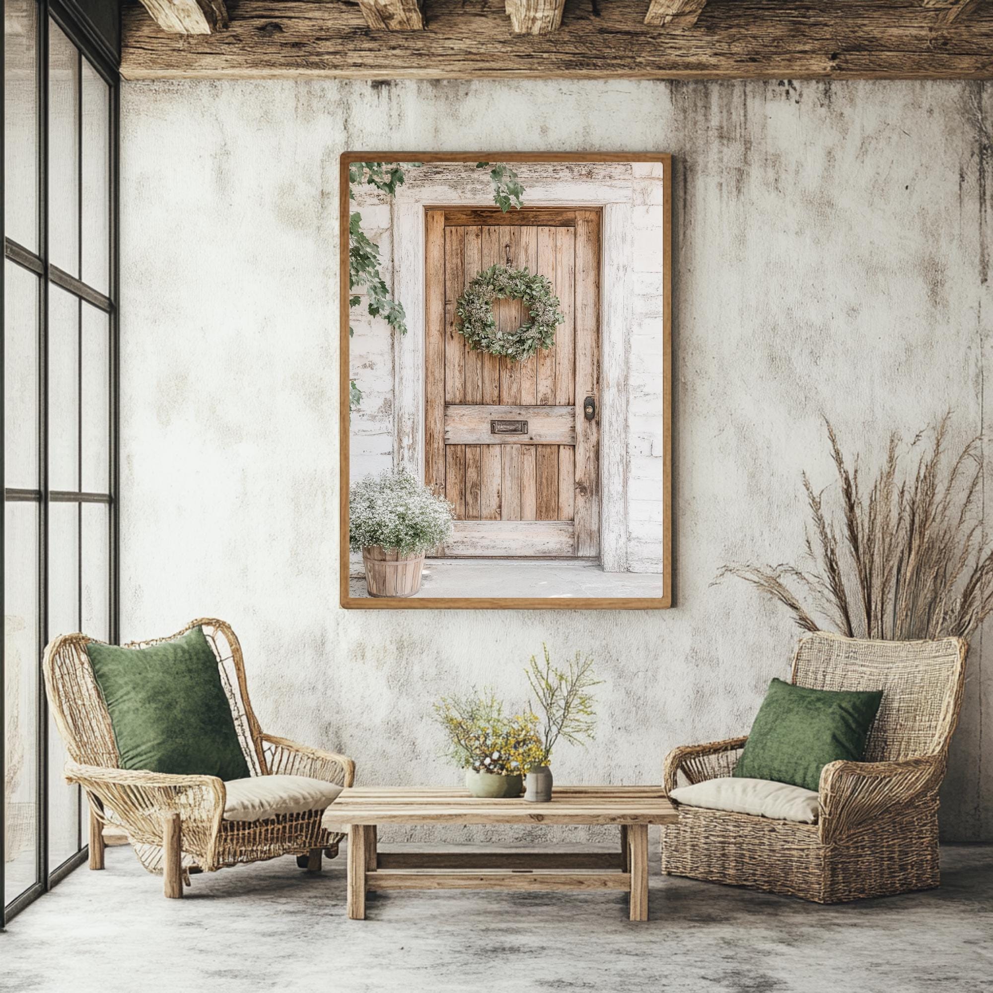 Wreath Door Wall Art, Rustic Framed Canvas, Farmhouse Entryway Print