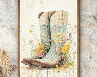 Arte de pared con botas de vaquera, lienzo rústico enmarcado, impresión de flores silvestres campestres, acento bohemio del oeste, decoración de granja, tapiz de madera
