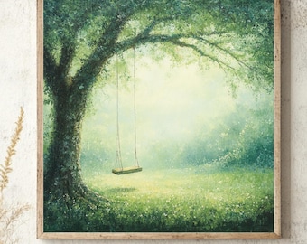 Baum Schaukel Wandkunst, Wiese Landschaft Leinwand Druck, Bauernhaus Natur gerahmtes Kunstwerk, Land Feld quadratischen Wanddekor