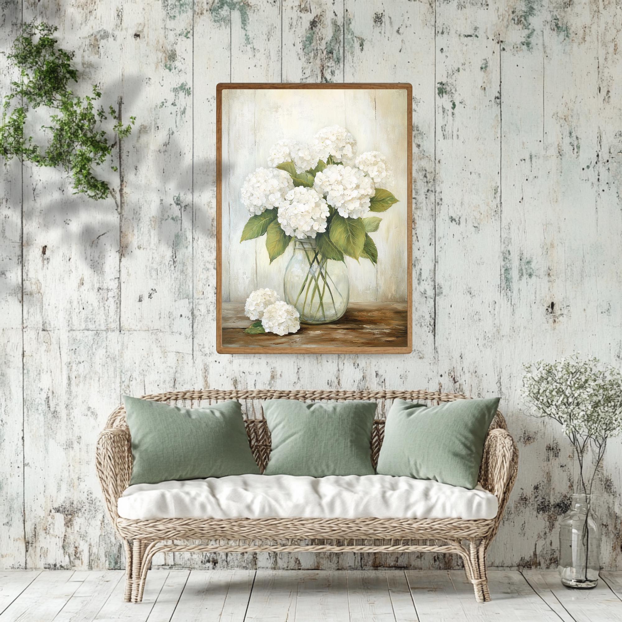 White Hydrangea Framed Canvas Wall Art, Rustic Farmhouse Flower Print ...