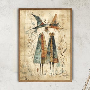 Whimsical Witch Wall Art, Rustic Halloween Framed Canvas, Vintage Country Witch Print, Seasonal Farmhouse Artwork, Cozy Autumn Decor
