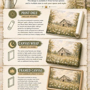 The image is an advertisement for honey hill farm's product options, showcasing different ways to display the farm's artwork. It includes images of a rolled poster, a canvas wrap, and a framed canvas, along with descriptions of each option.