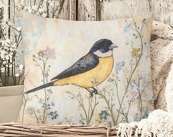 Farmhouse Goldfinch Floral Pillow, Botanical Accent Pillow, Throw Pillow, Woven Pillow, Cottage Wildflower Pillow Cover, Rustic Bird Decor
