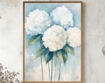 White Hydrangea Wooden Canvas Wall Art, Vintage Floral Botanical Painting, Elegant Shabby Chic Bloom Artwork, Soft Pastel Cottage Decor