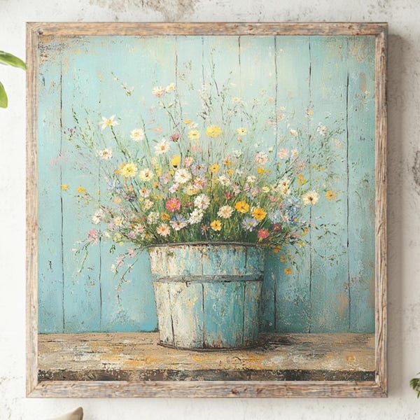 Quadro decorativo rústico com flores silvestres em tela, estilo fazenda, estampa botânica vintage, decoração aconchegante para entrada de cozinha ou casa de campo.