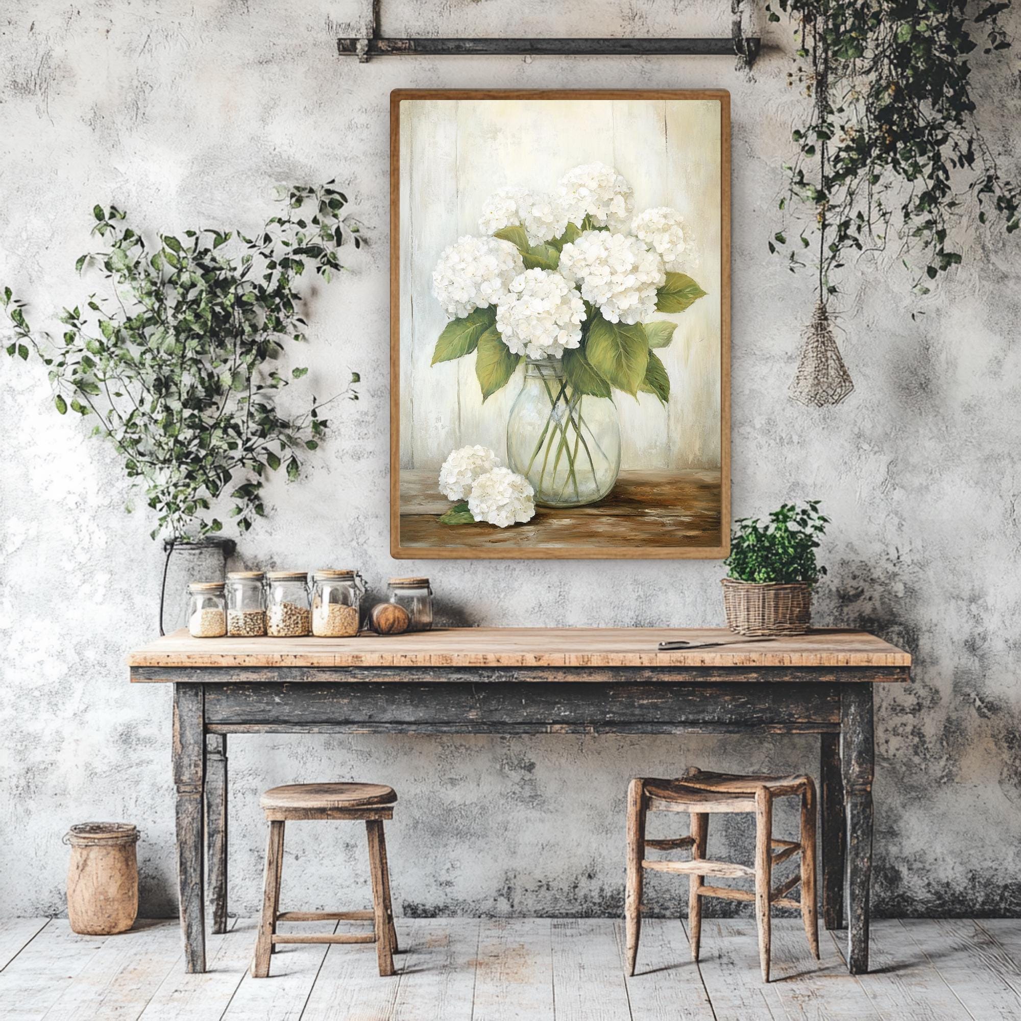 White Hydrangea Framed Canvas Wall Art, Rustic Farmhouse Flower Print ...