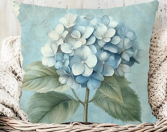 Vintage Hydrangea Accent Pillow, Farmhouse Throw Pillow, Botanical Pillow Cover, Woven Pillow, Cottage Flower Pillowcase, Floral Home Decor