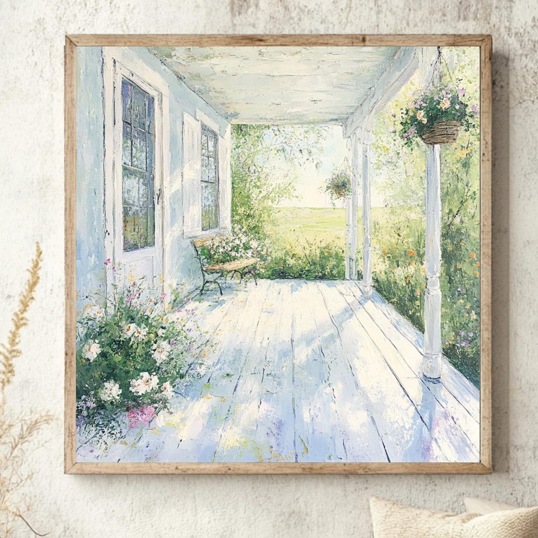 Bright Farmhouse Porch Wall Art, Rustic White Patio Canvas Print ...