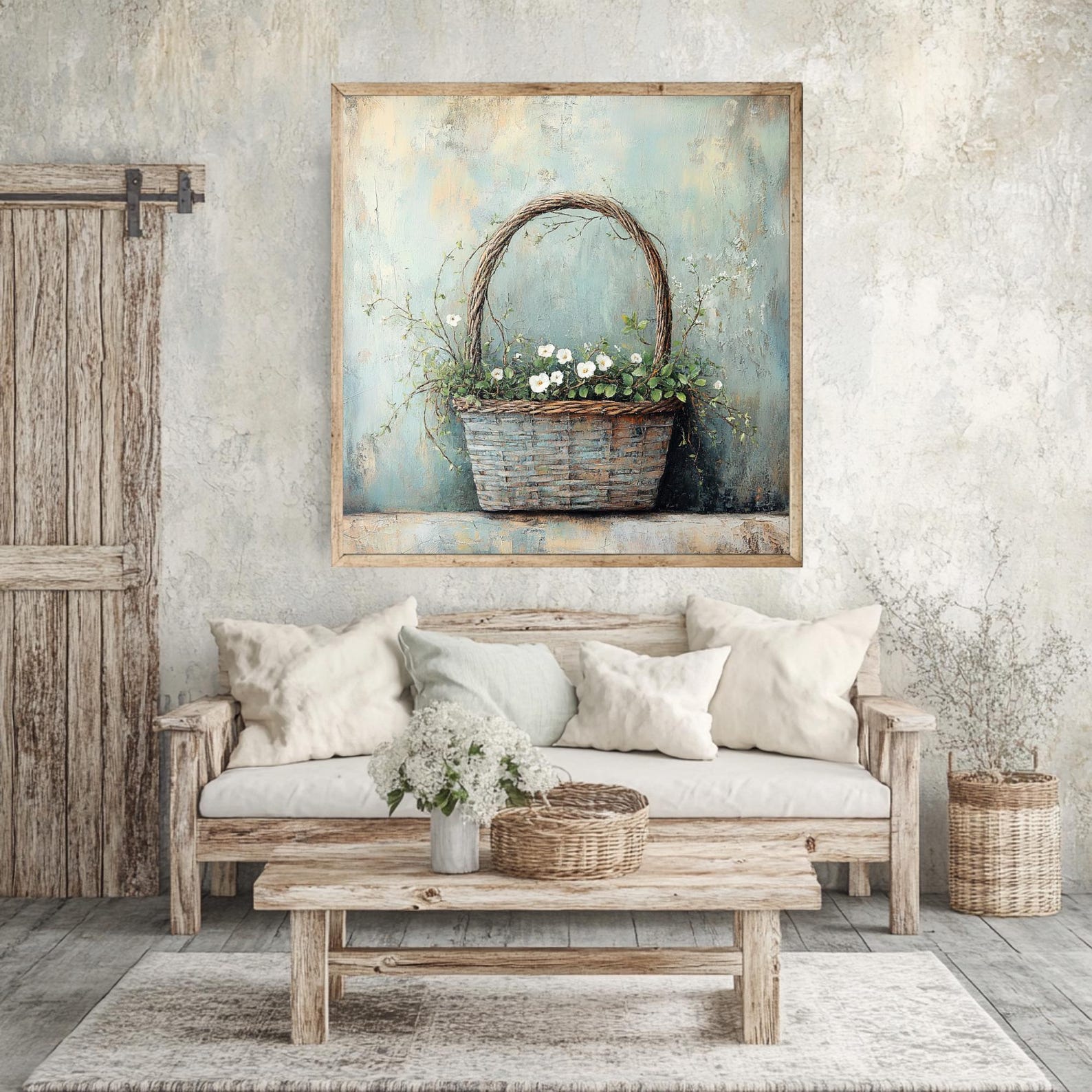 Farmhouse Basket Wall Art, Rustic Floral Canvas Print, Country Cottage