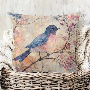 Spring Floral Bird Accent Pillow, Country Farmhouse Throw Pillow, Woven Pillow, Nature-Inspired Pillow Cover, Blue Bird Pillowcase