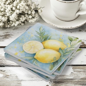 Set of 4 Lemon Coasters, Farmhouse Citrus Decor, Summer Drink Coaster Set, Country Kitchen Accent, Gift for Mom