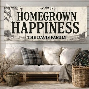 Personalized Rustic Wall Art Canvas, Homegrown Happiness Family Name Print, Horizontal Farmhouse Wood Sign, Country Entryway Decor