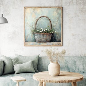 Farmhouse Basket Wall Art, Rustic Floral Canvas Print, Country Cottage Flower Basket Artwork, White Blossoms Wooden Frame Decor image 7