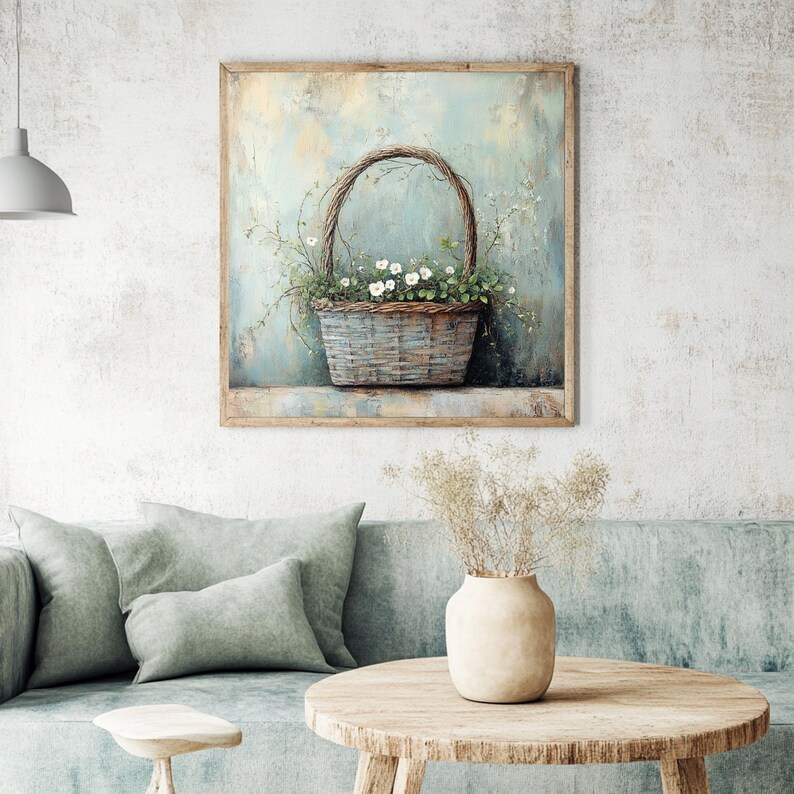Farmhouse Basket Wall Art, Rustic Floral Canvas Print, Country Cottage Flower Basket Artwork, White Blossoms Wooden Frame Decor image 7
