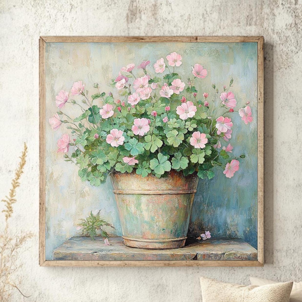 Farmhouse Floral Wooden Framed Canvas, Rustic Pink Flower Pot Wall Art, Vintage Garden Bloom Print, Cottagecore Botanical Decor