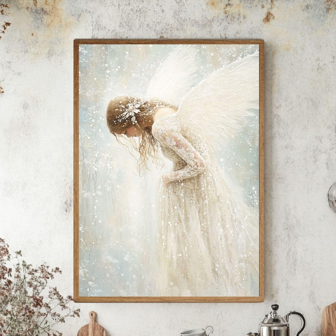 雪の中の天使の木製キャンバスウォールアート、幻想的な冬の天使の絵画