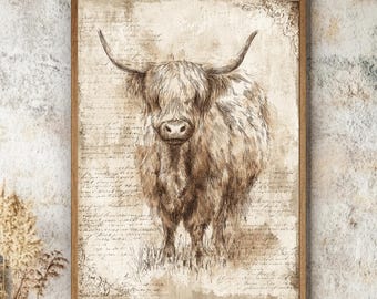 Highland Cow Rustic Wall Art, Vintage Farm Animal Framed Canvas, Whimsical Country Cow Print, Farmhouse Cattle Illustration Home Decor