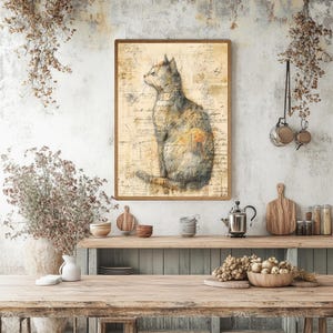 Vintage Katzen Illustration Wandkunst, rustikale Bauernhaus gerahmte Leinwand, wunderliche Katzen Skizze, gemütliche ländliche Wohnkultur Bild 7