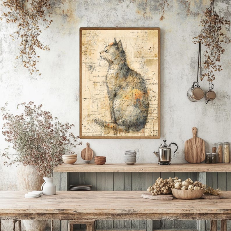 Vintage Katzen Illustration Wandkunst, rustikale Bauernhaus gerahmte Leinwand, wunderliche Katzen Skizze, gemütliche ländliche Wohnkultur Bild 7