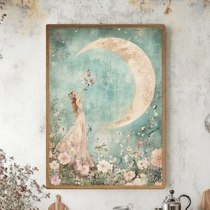Crescent Moon Fairy Wall Art, Enchanted Garden Print, Whimsical Nature-Inspired Wooden Canvas, Cozy Fantasy Framed Decor