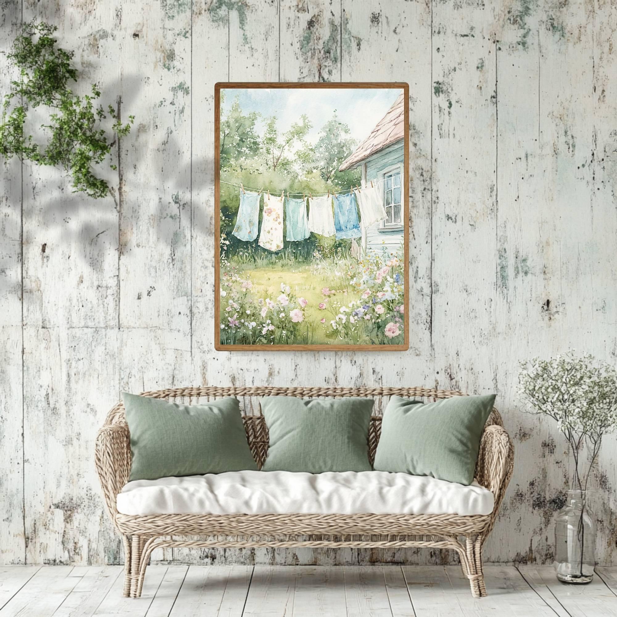 Vintage Cottage Garden Wall Art, Rustic Farmhouse Laundry Day Print ...