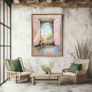 Cottage Window with Pink Shutters Wooden Canvas Wall Art, Romantic Floral Garden View, French Country Pastel Painting Print immagine 3