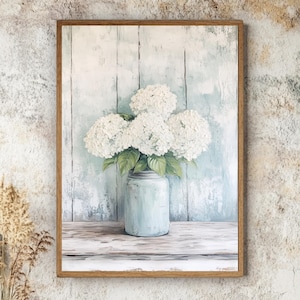 Hortensie Wandkunst, rustikale gerahmte Leinwand, weißes Blumenglas Druck, Bauernhaus Blumenküche Deko, Shabby Chic Stil, Cottage Wandbehang