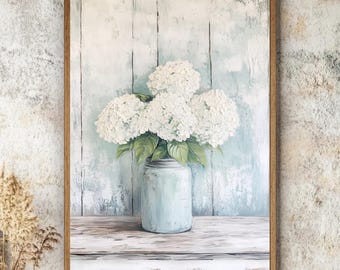 Hydrangea Wall Art, Rustic Framed Canvas, White Flower Jar Print, Farmhouse Floral Kitchen Decor, Shabby Chic Style, Cottage Wall Hanging