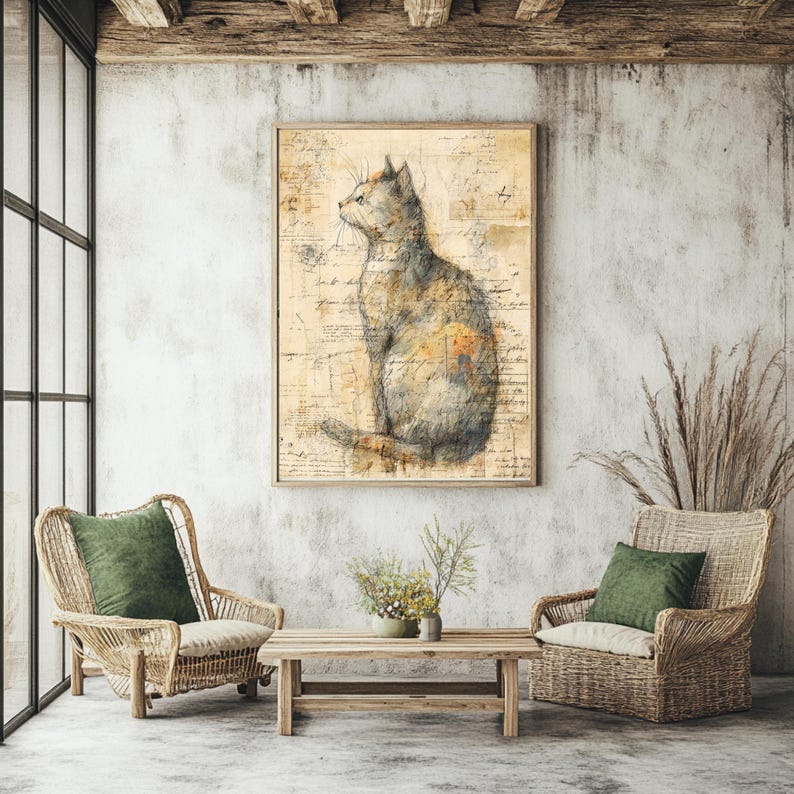 Vintage Katzen Illustration Wandkunst, rustikale Bauernhaus gerahmte Leinwand, wunderliche Katzen Skizze, gemütliche ländliche Wohnkultur Bild 6