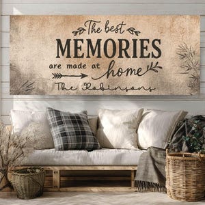 Personalized Home Sign Canvas Print, Rustic Family Name Wall Art, The Best Memories Horizontal Farmhouse Sign, Living Room Decor