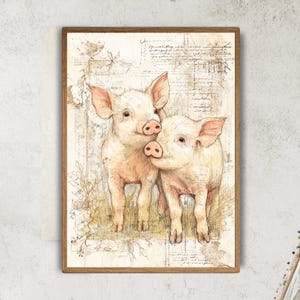 Cuadro de cerdito campestre, lienzo enmarcado de animales de granja, lámina rústica de cerdito bebé, obra de arte vintage de animales de granja, decoración cottagecore imagen 1