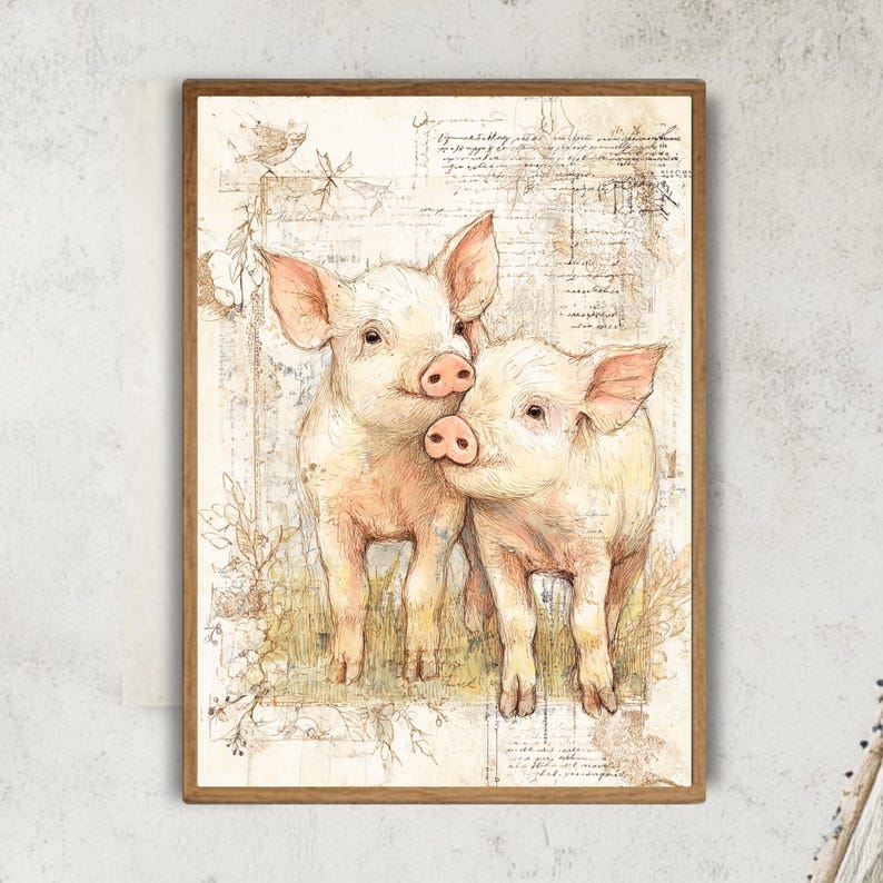 Cuadro de cerdito campestre, lienzo enmarcado de animales de granja, lámina rústica de cerdito bebé, obra de arte vintage de animales de granja, decoración cottagecore imagen 1