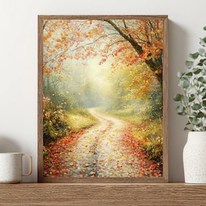 Autumn Country Lane Wall Art, Misty Fall Framed Canvas, Golden Autumn Stream Print, Tranquil Nature Artwok, Cozy Rustic Decor