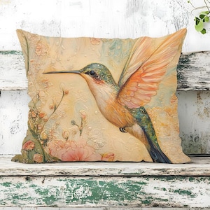 Botanical Hummingbird Pillow, Farmhouse Accent Pillow, Throw Pillow, Woven Pillow, Vintage Bird Pillow Cover, Nature Inspired Home Decor