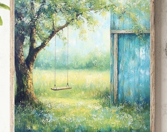 Landscape Sunrise Painting on Canvas Tree Swing, Country Setting